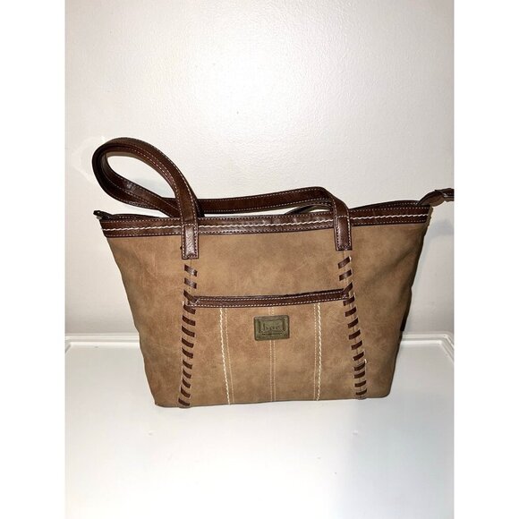 BOC Brown Faux Leather Double Handles Top Zipper Stitched Tote Bag - Picture 3 of 16